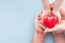 Several hands hold a red heart on a blue background, representing a family history of heart disease.
