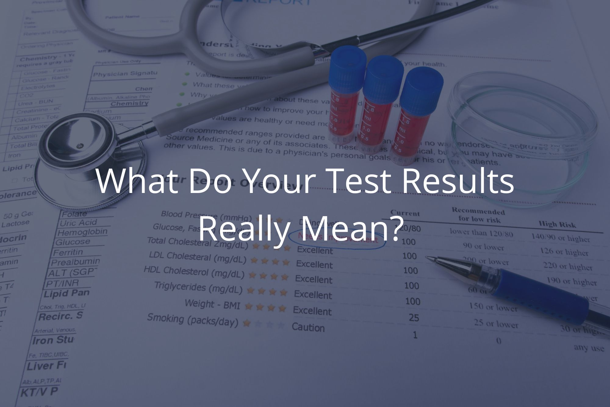 Lab test results sit on a desk with blood samples, a stethoscope, a pen, and a petri dish - with a dark overlay.