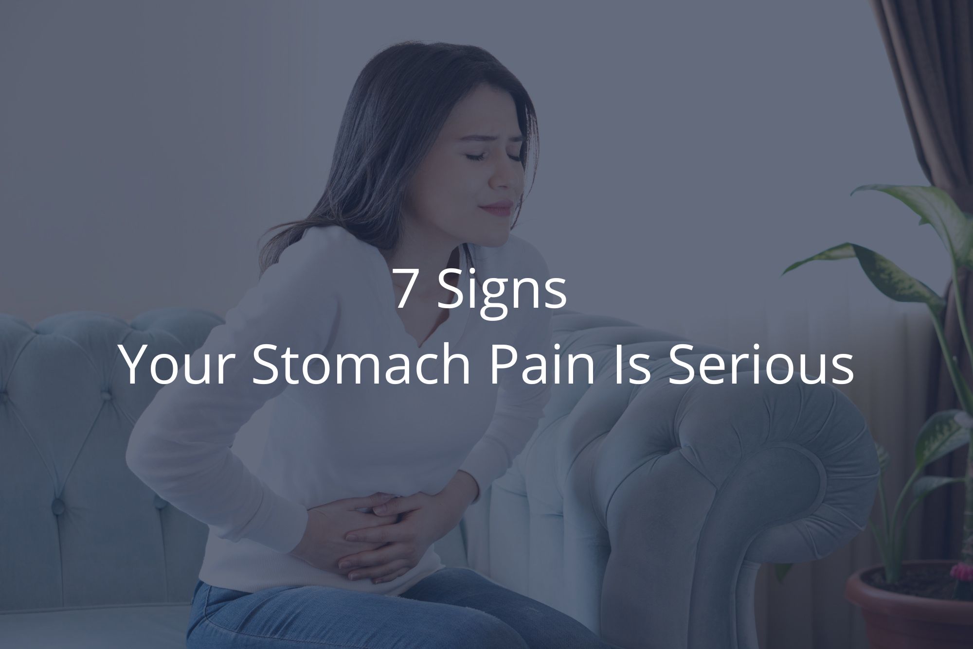 A woman is starting to recognize the signs that her stomach pain may be more serious than she previously thought with a dark overlay.