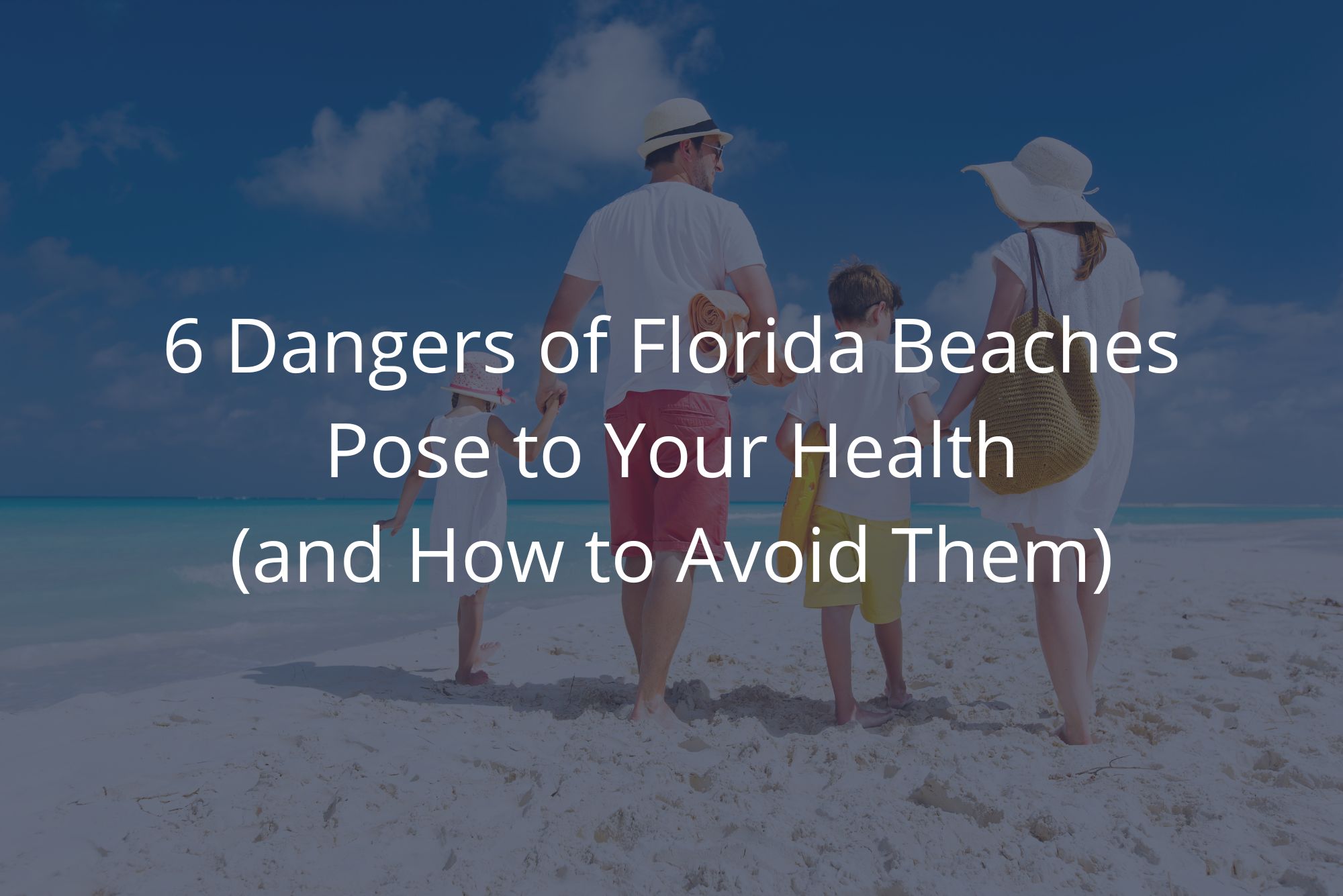 A family walks along the shoreline, unaware of the beach danger in Florida with a dark overlay.