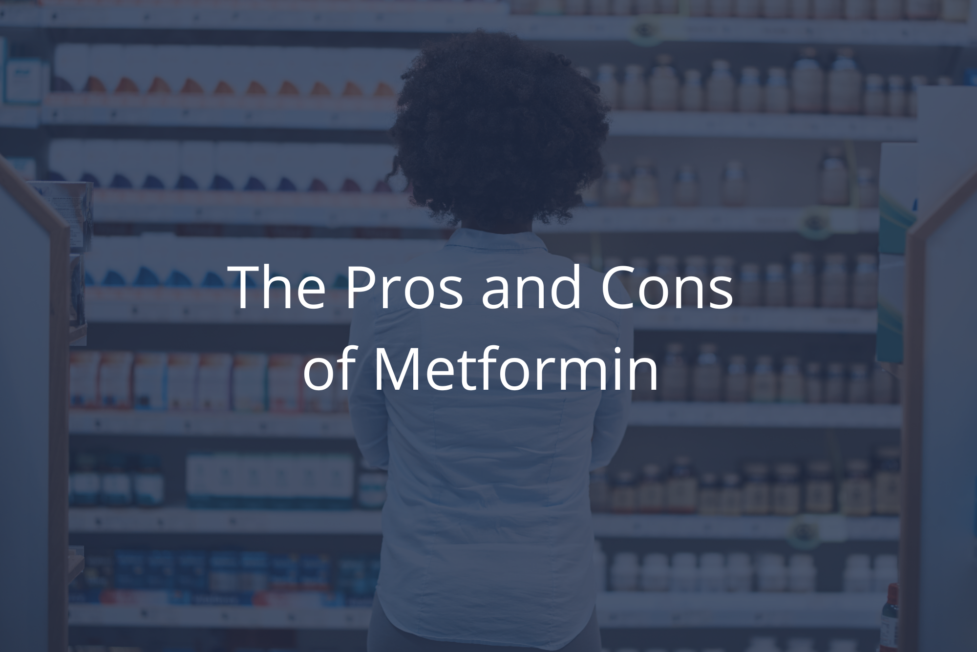 A woman stands in front of a wall of pills thinking about the pros and cons of Metformin. 