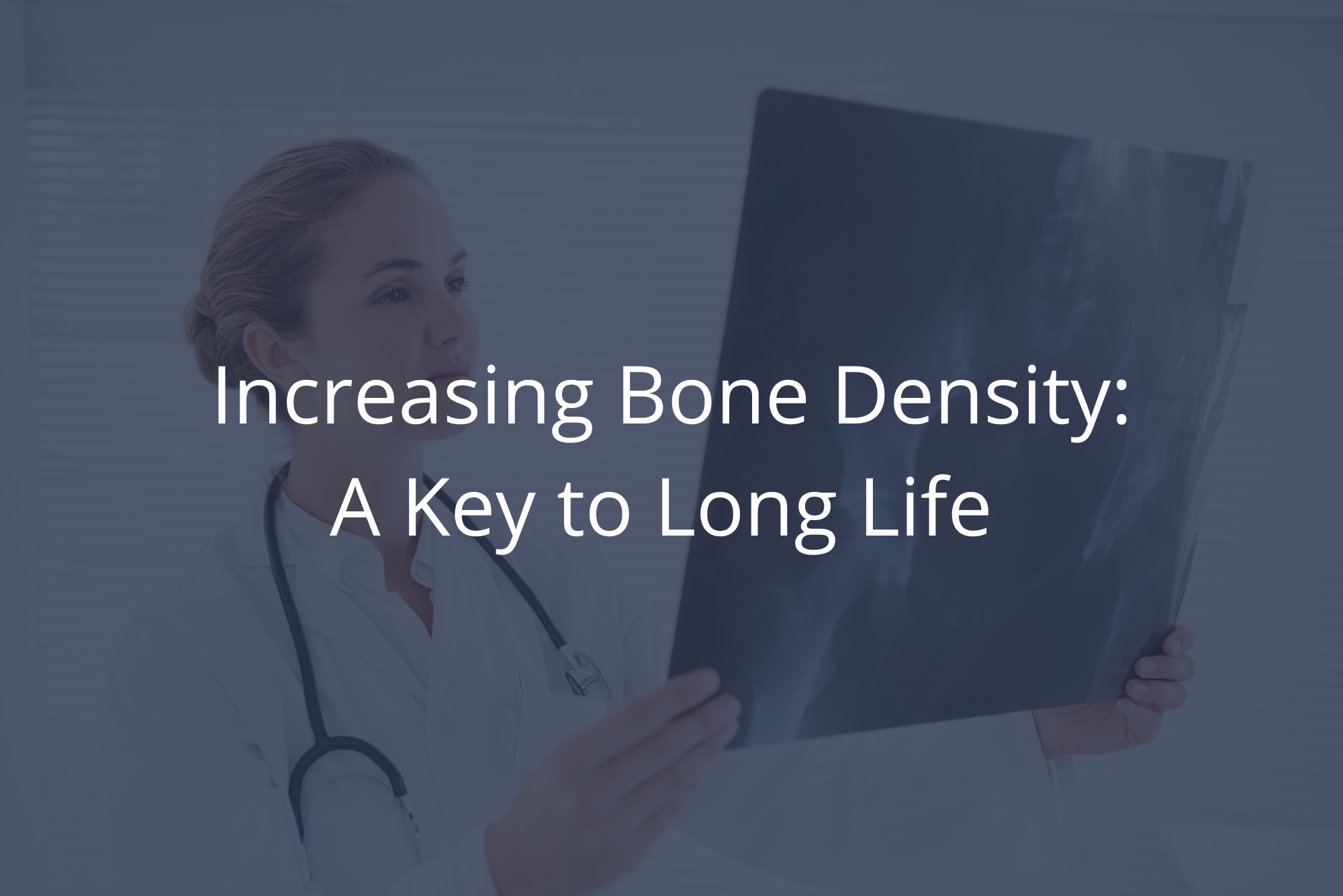 A female doctor looks at the pelvic X-ray of a patient who has been practicing tips for increasing bone density with a dark overlay.