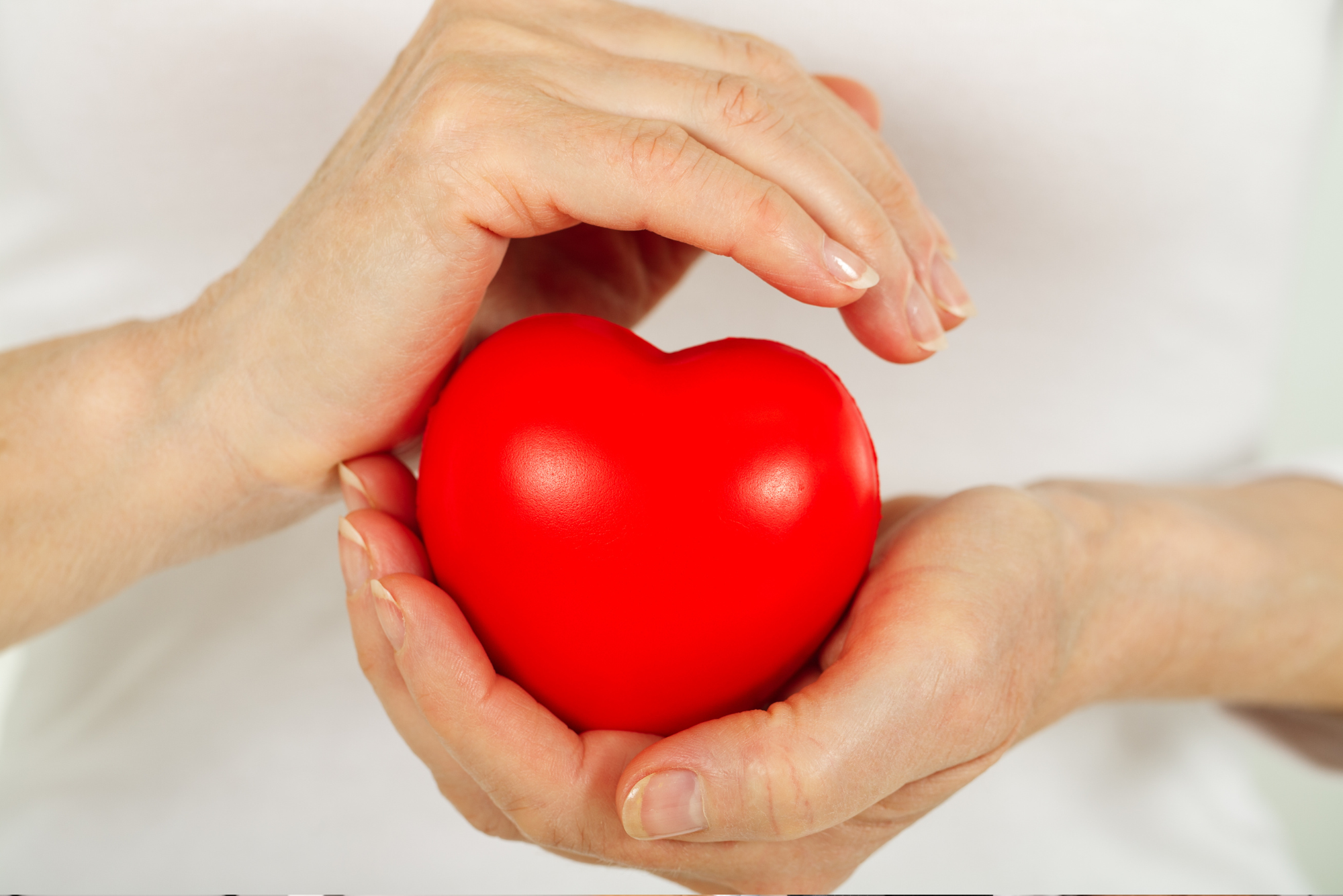 Hands gently holding a red heart-shaped object.