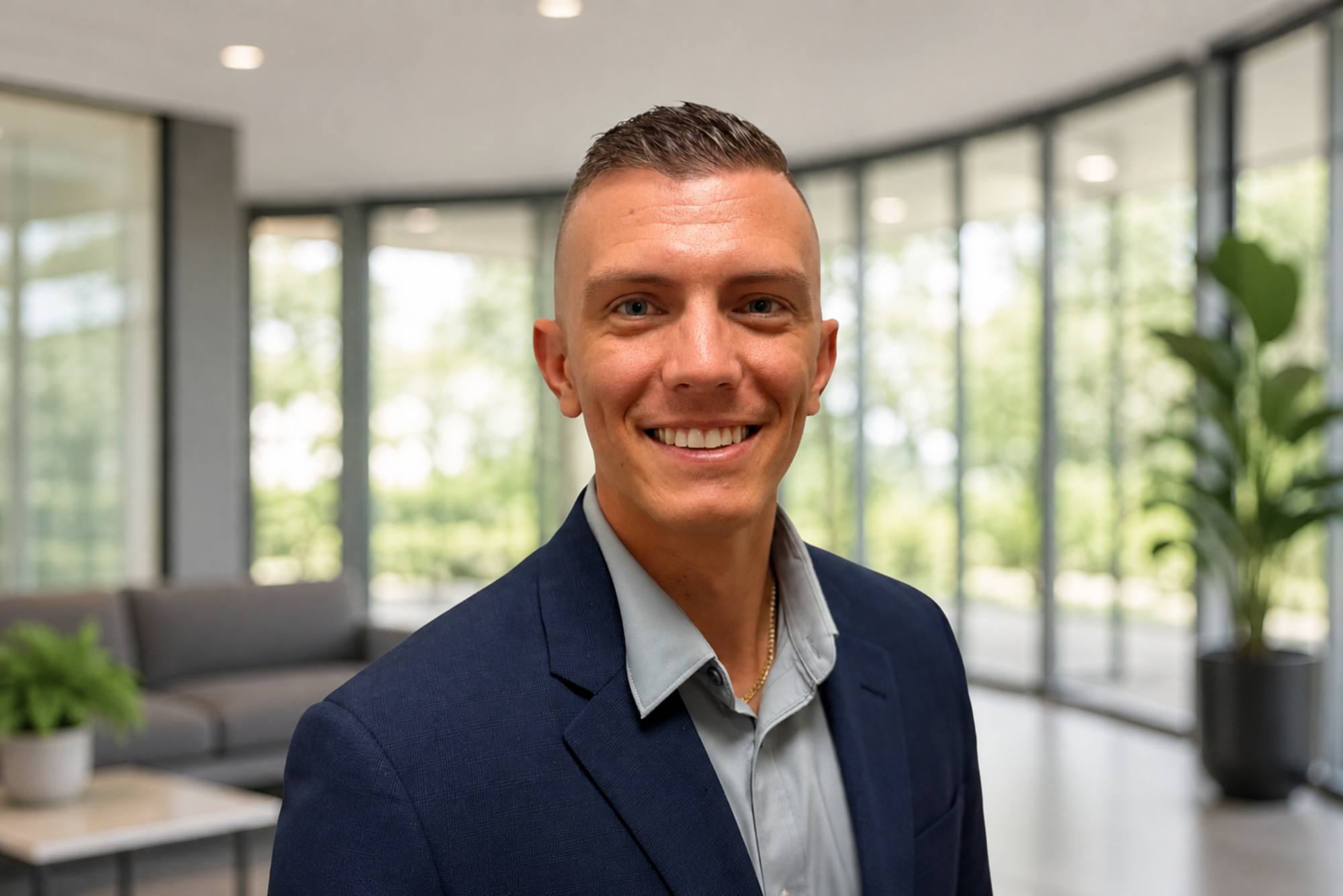Dr. Drake Donaldson smiles in a navy blazer and gray shirt inside a bright, modern office with glass walls and plants.